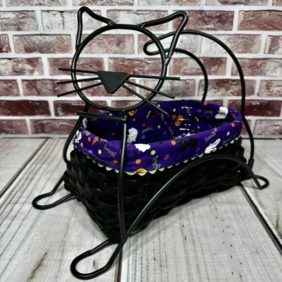 Longaberger 2009 Black Cat Basket Set w/Wrought Iron Black Cat - Picture 1 of 10